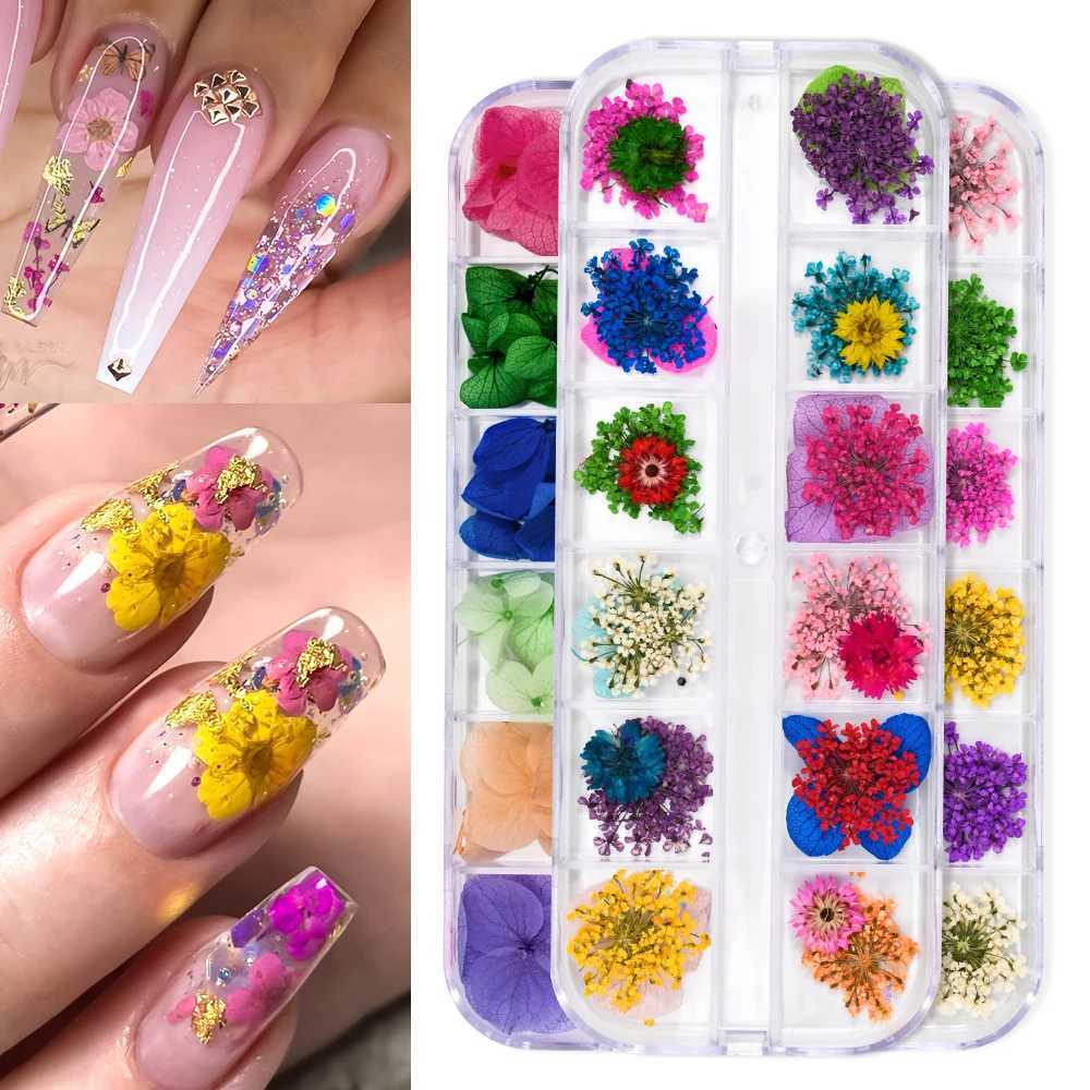 12 Grid/Box 3D Nail Mini Dried Flower Sticker Set for Nail Art Resin Craft DIY True Natural Dried Flower Nail Decoration Kit W240829