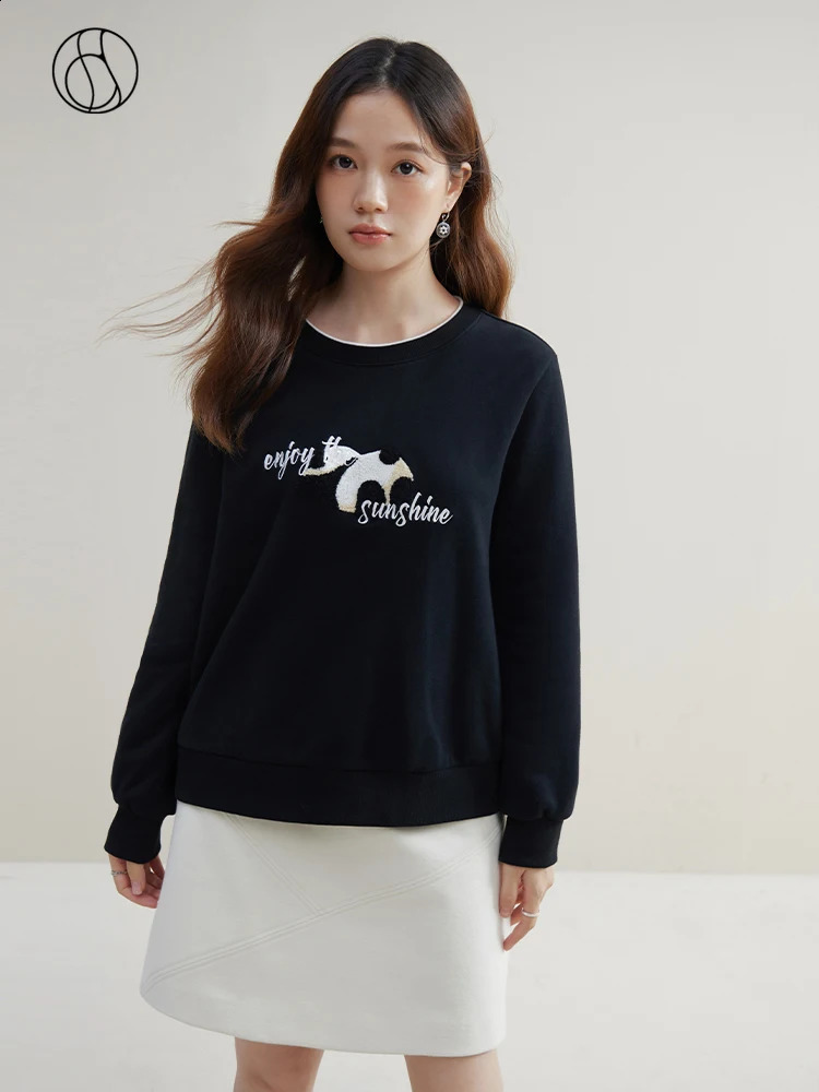 DUSHU 877% pure cotton womens round neck casual straight sweater front shoulder commuting winter black fully matched printed top 240827