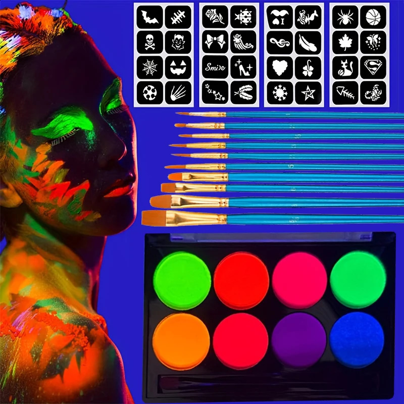 8-color luminous painting stickers body art painting UV luminous Halloween party dresses beauty and makeup 240829