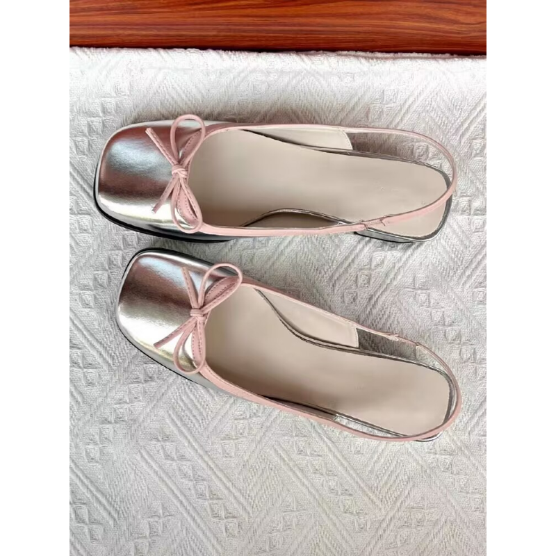 Low Heel hot Slip-on Square Toe Ballet Flats for Women - Comfortable Sliver Boat Shoes with Bow