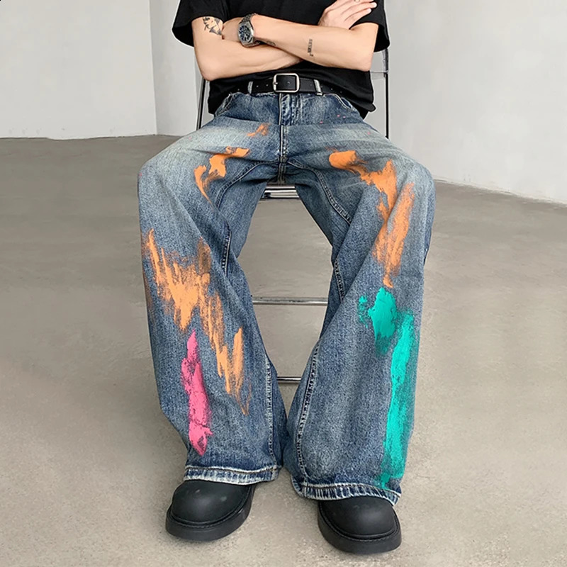 FEWQ Mens Denim Pants High Street Loose Brush Painting Contrast Color Straight Wide Leg Casual Male Jeans Autumn Trend 9C6994 240826Z