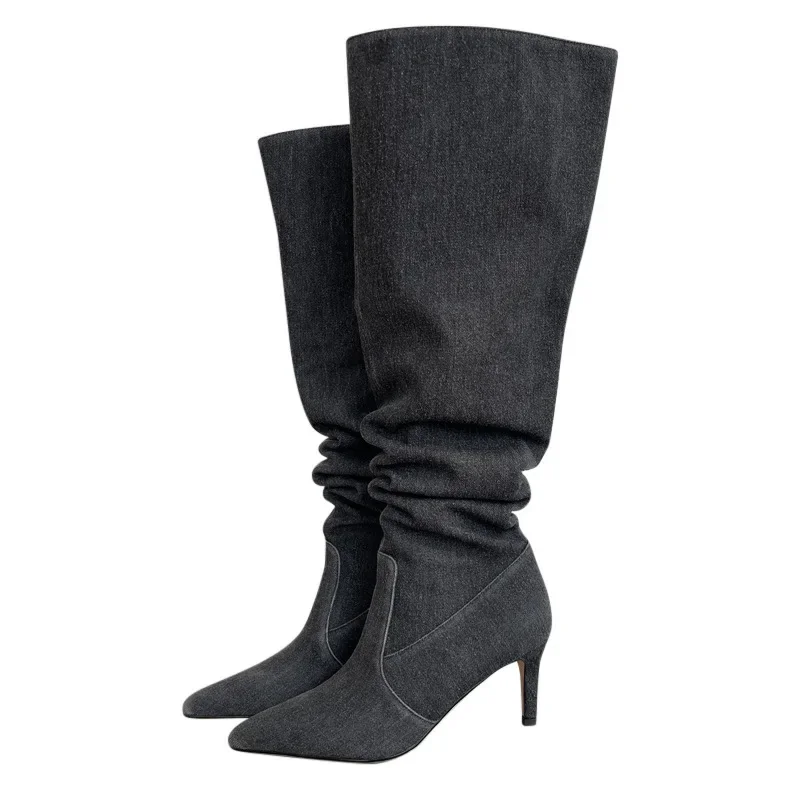 High Heel Women Long Boots Retro Pointed Toe Denim Western Knight Boots Ladies Zip Shoes Fashion High Heel Knee-high Boots 2024