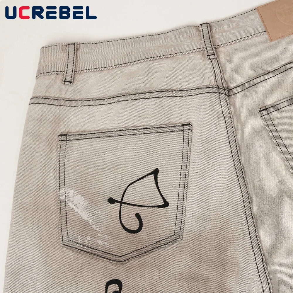 Letter Graffiti Dirty Wash Jeans Mens Pocket Y2k High Street Loose Straight Wide Leg Denim Pants Mens Trousers 240829