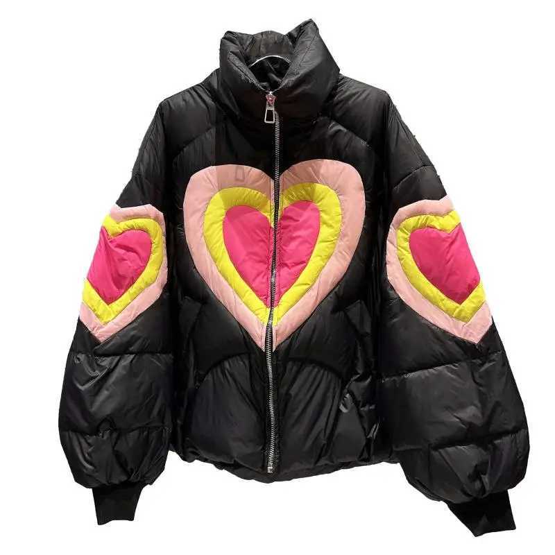 Womens Down Parkas Heart shaped printed down jacket for women highquality Parkas splicing fashionable couple cotton coat thick and warm winter jacket 