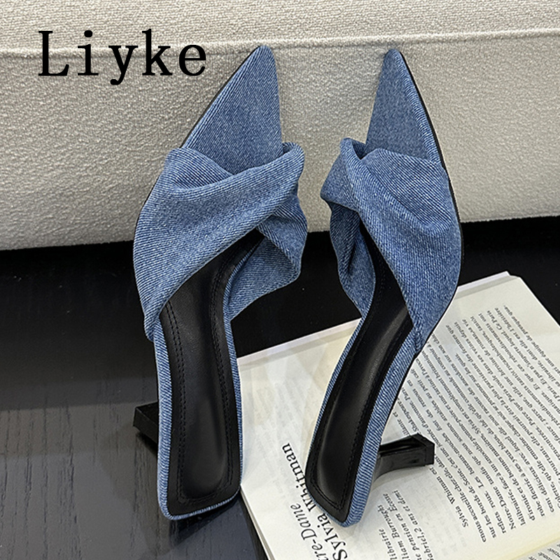 Liyke Fashion Design Pleated Blue Denim Women Slippers Cozy Mules Low Thin Heels Slides Shoes Pointed Open Toe Gladiator Sandals