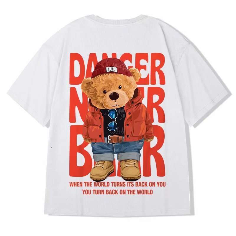 New trendy T-shirt, loose little bear pullover for couples, chubby oversized men's summer quarter sleeved wine red