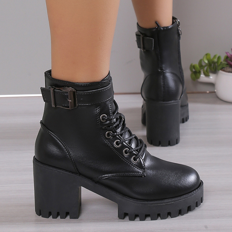 High Women's Heels Ankle for 2023 Black PU Leather Platform Short Boots Woman Side Zipper Thick Heeled Punk Botas De Mujer abca Platm