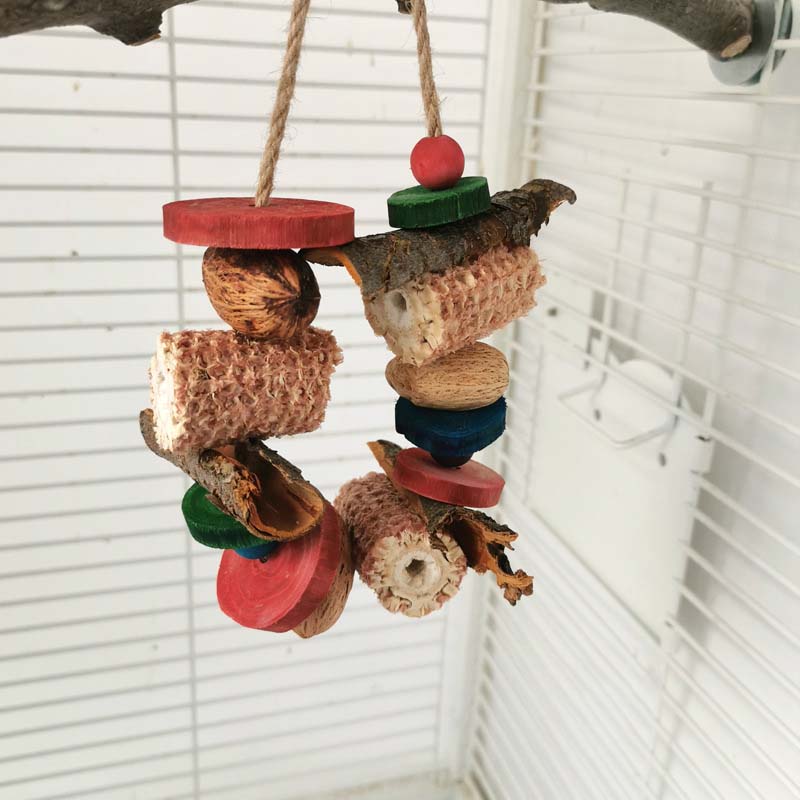 Bird Parrot Chewing Toy Natural Corn Cob Loofah Logs Bark Fruit Wood Combination Birdcage Hanging Decoration Pet Supplies