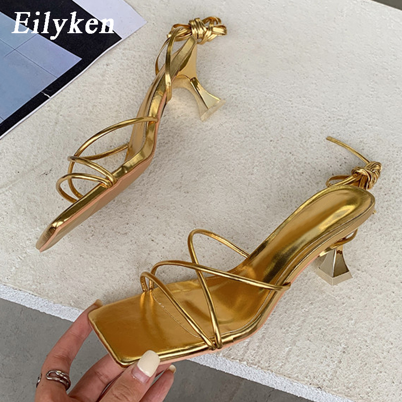 2025 new Gold Eilyken Fashion Sier Sandals Thin Low Heel Lace Up Rome Summer Gladiator Women Casual Narrow Band Shoes b9e2