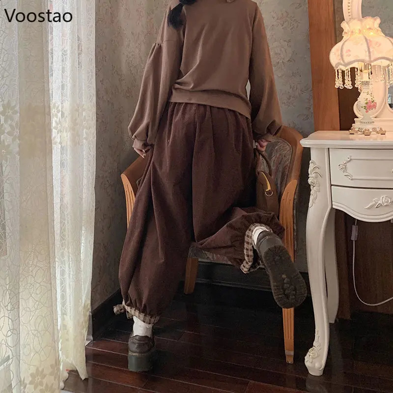 Japanese Sweet Flower Corduroy Wide Leg Casual Pants Women Vintage Cute Loose Trousers Girls Haruku Sweatpants Kawaii Bloomers 240829