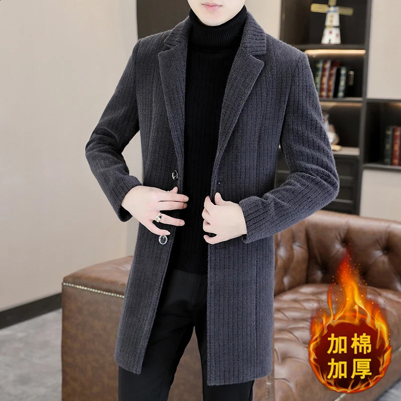 Mens mid length solid striped wool coat autumn and winter casual warm windproof jacket loose thick top 240829