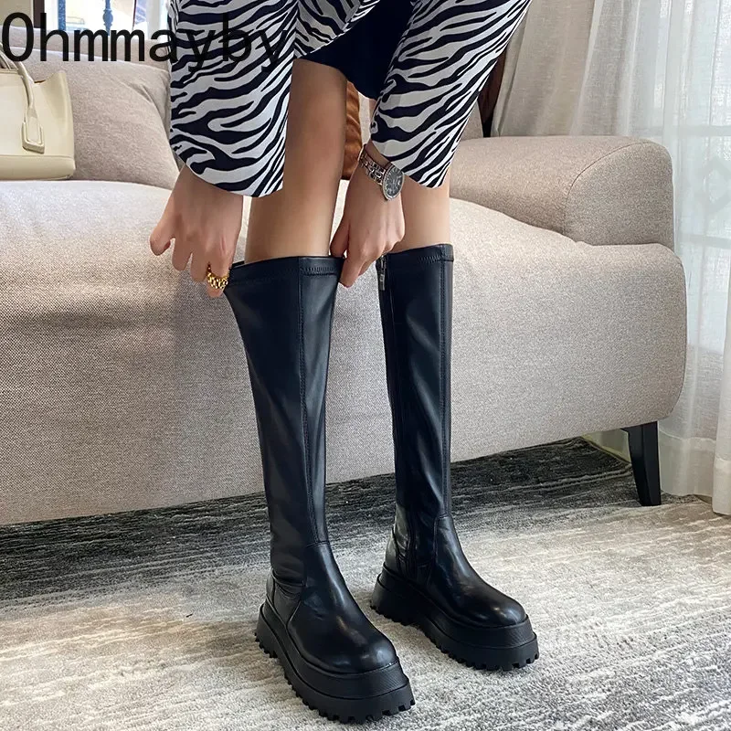 2024 Winter Chunky Platform Heels Long Boots Round Toe Zipper Thick Sole Ladies Fashion Winter Women's Knee High Boots