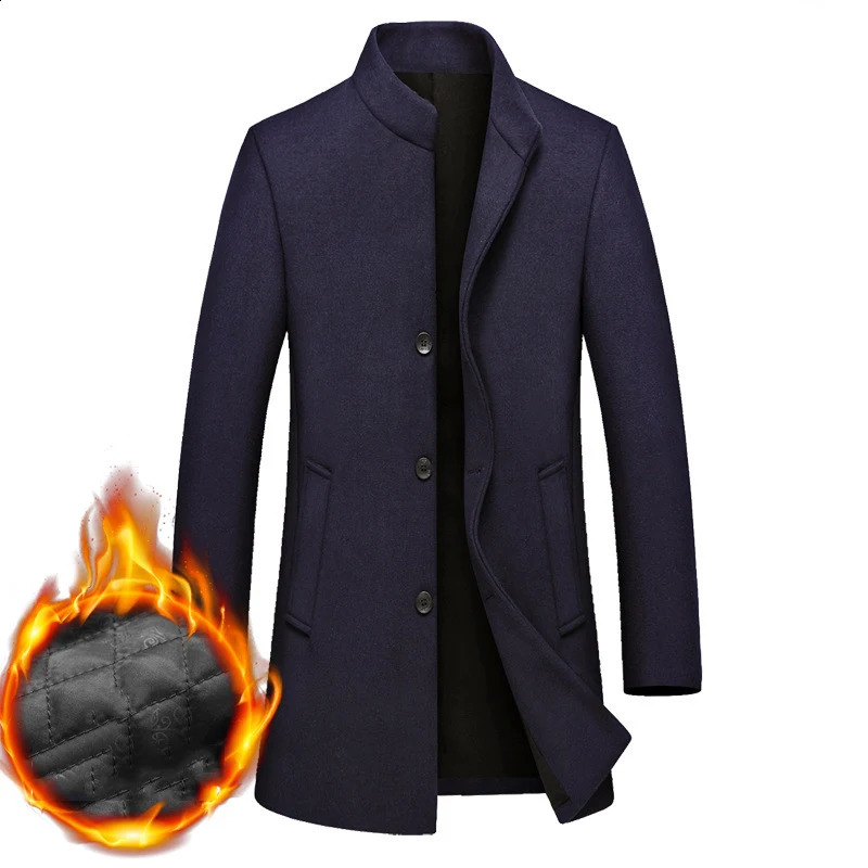 Black long fur trench coat mens winter quilted lining cashmere coat mens slim fit wool peacock coat windproof machine 240829