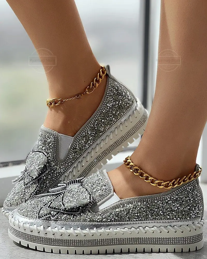 Loafers Women's Bowknot Design Platform Sequin Loafers Flats Women Flat Platform Wine Red Shoes Crystal Sequined Bow Shoes