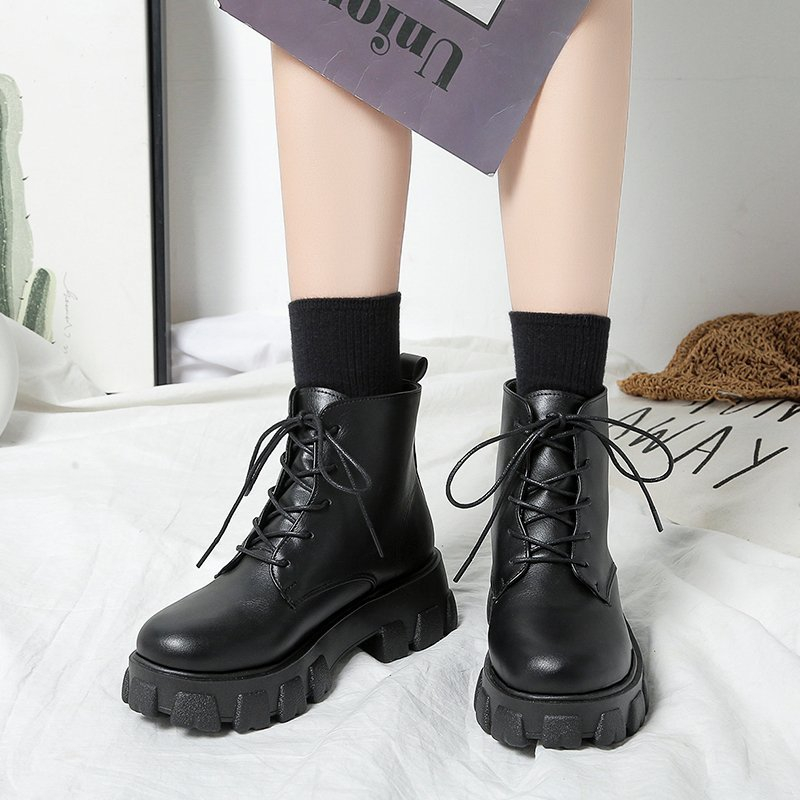 New 2022 Women Black Ankle Boots PU Leather Thick Sole Lace Up Combat Booties Female Autumn Winter Platform Shoes Woman 2e03