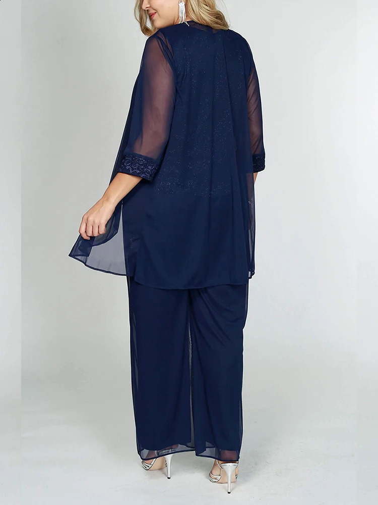 Plus Size Floral Lace 34 Sleeve Solid Three Pieces Set Pant Suits for Womens Matching Chiffon Elegant Loose Autumn Outfit 240829