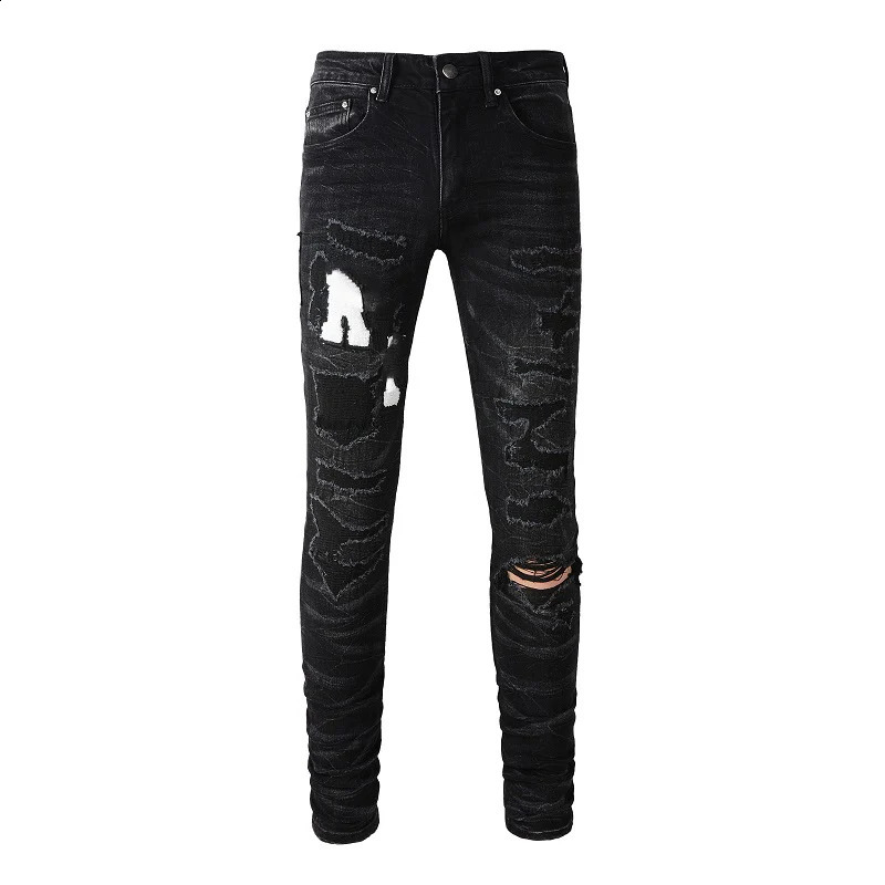 Mens High Street Black Jeans Embroidered Letter Tight Elastic Jeans 240829