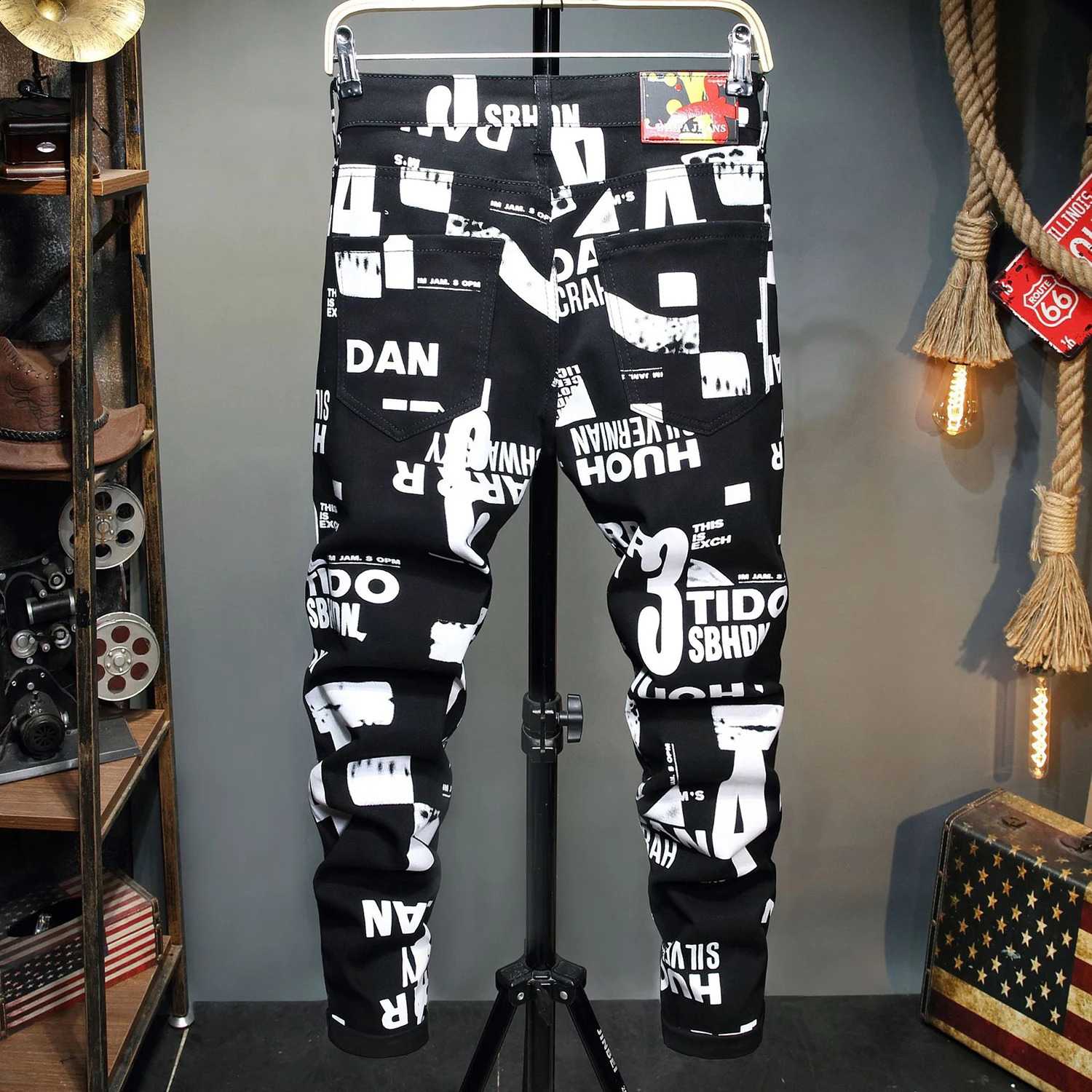 Mens all print jeans ultra-thin fit elastic black jeans street fashion casual jeans a must-have for youthful coolness; 240829
