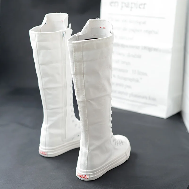 Spring Autumn Women Canvas Shoes Canvas Casual High Top Sneakers Lace-Up Zipper Comfortable Flat Long Boots New