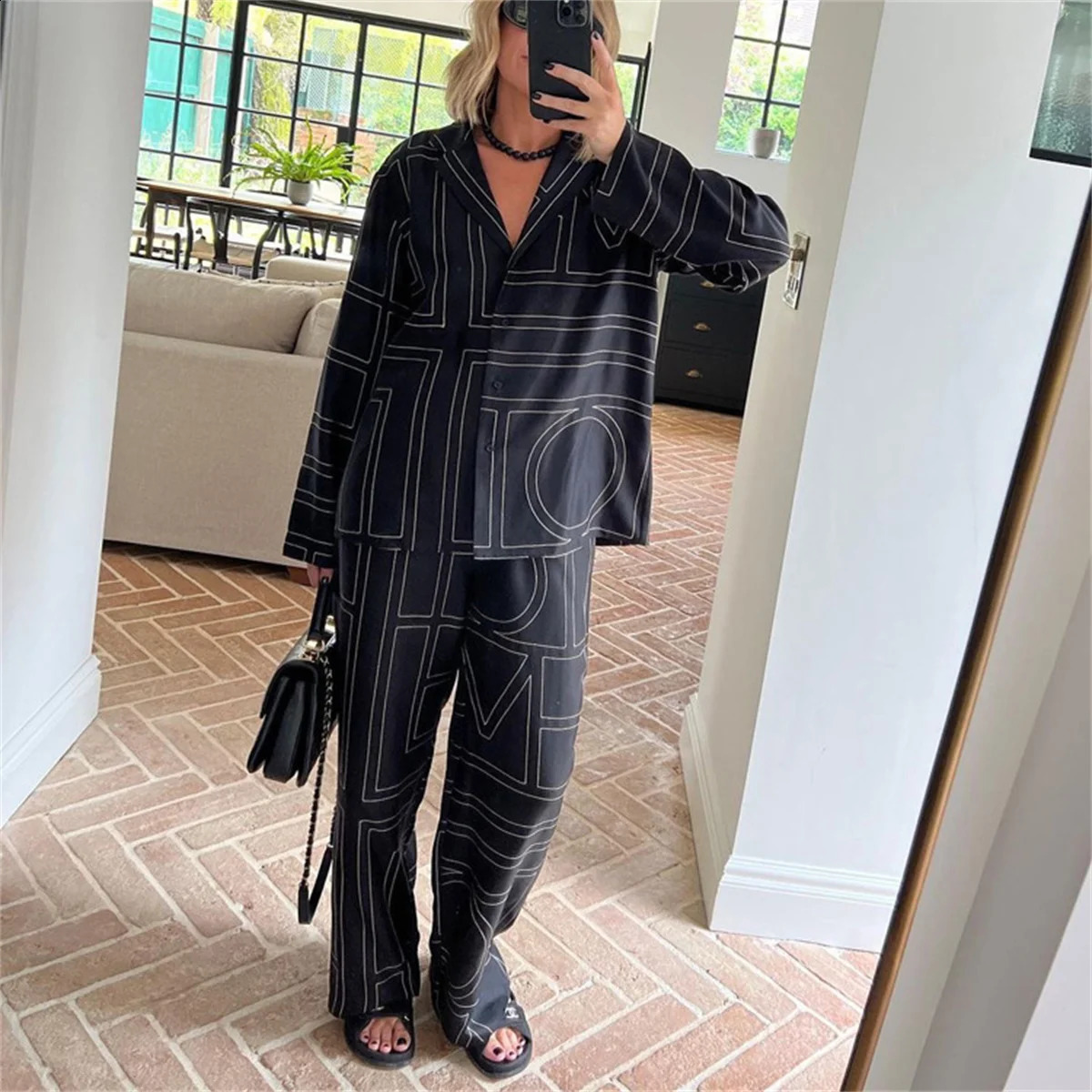 Fashion Letter Printing Pants Suit Loose Turn Down Collar Shirts Wide Leg Pant Sets 2024 Casual Autumn Summer 2 Piece Set In 240829