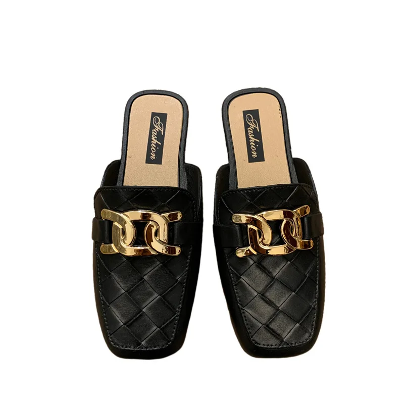 Women Light Outdoor Flat Mules Temperament Square Head Slides Fashion Plaid Metal Buckle Modern Slippers Roman Sandals 4 a59f1