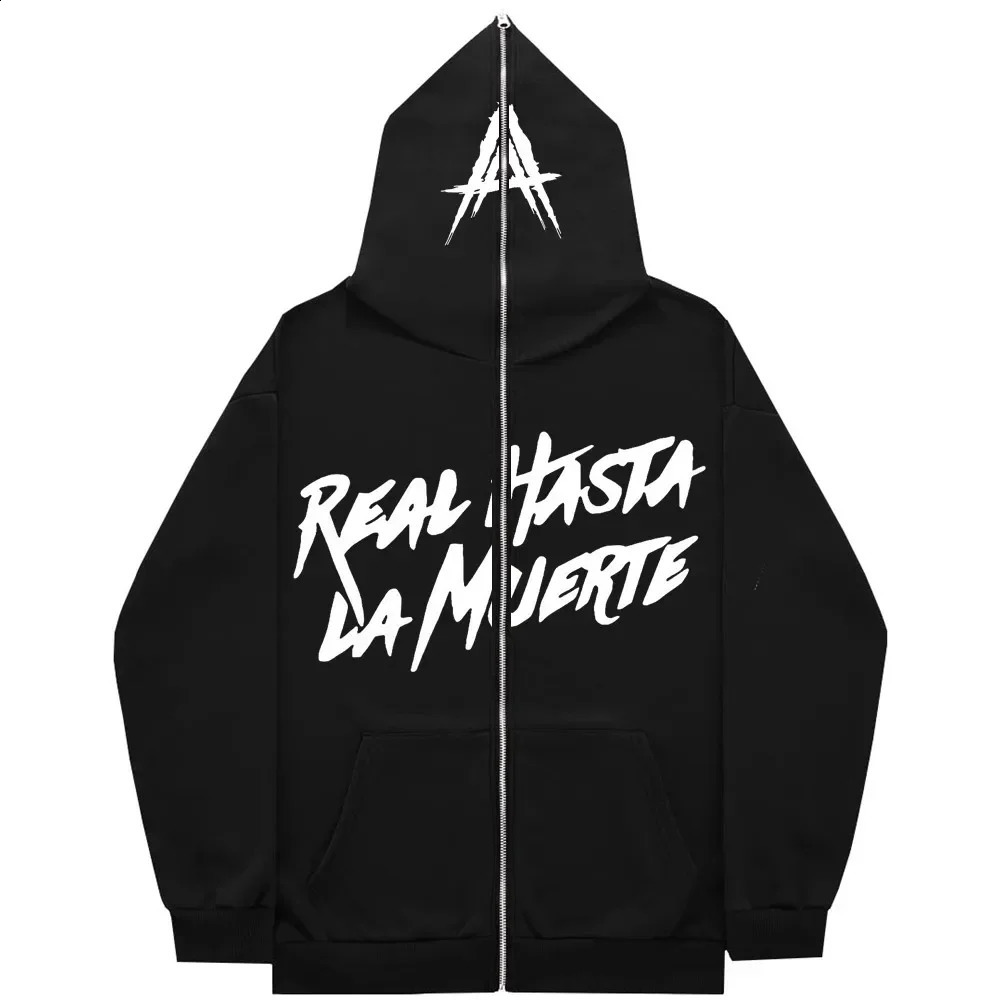AA Real Hasta La Muerte full face zipper mens hooded sweatshirt unisex interior wool womens streetwear top 240829