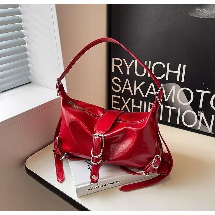 Shoulder Bags Y2K Vintage Designer Elegant Red Pu Leather Buckle Wallets Bag Aesthetic Purse Crossbody Handbag Tote Women