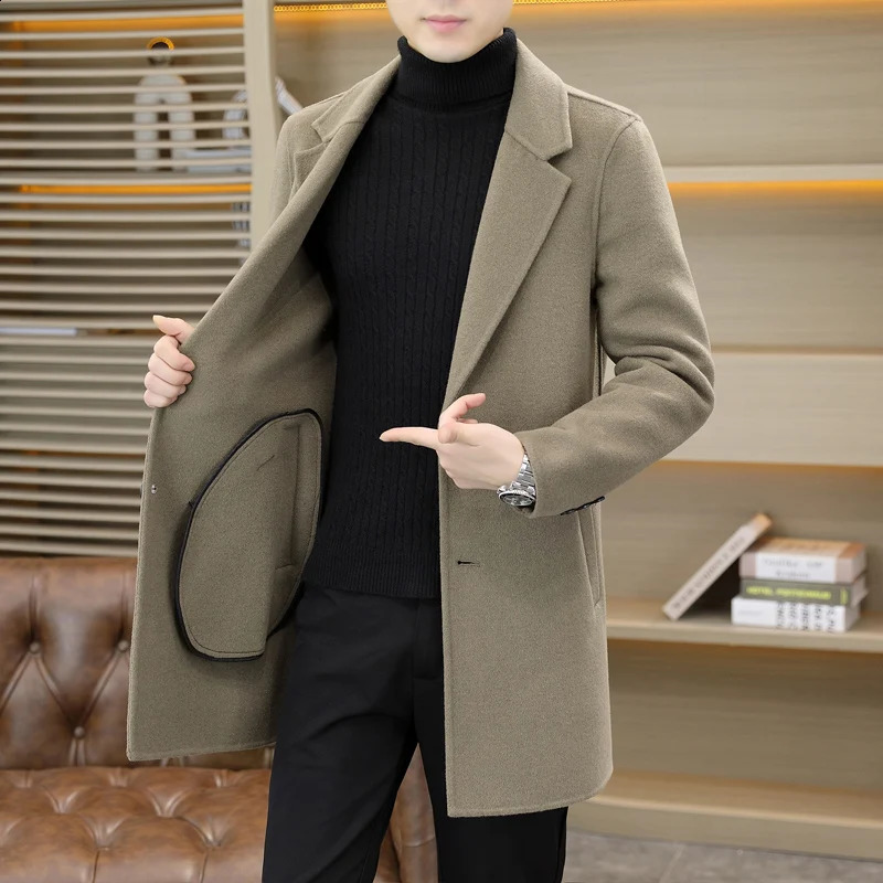 High quality double-sided coarse woolen coat mens fashionable wool coat autumn and winter warm cashmere medium long trench coat 240829