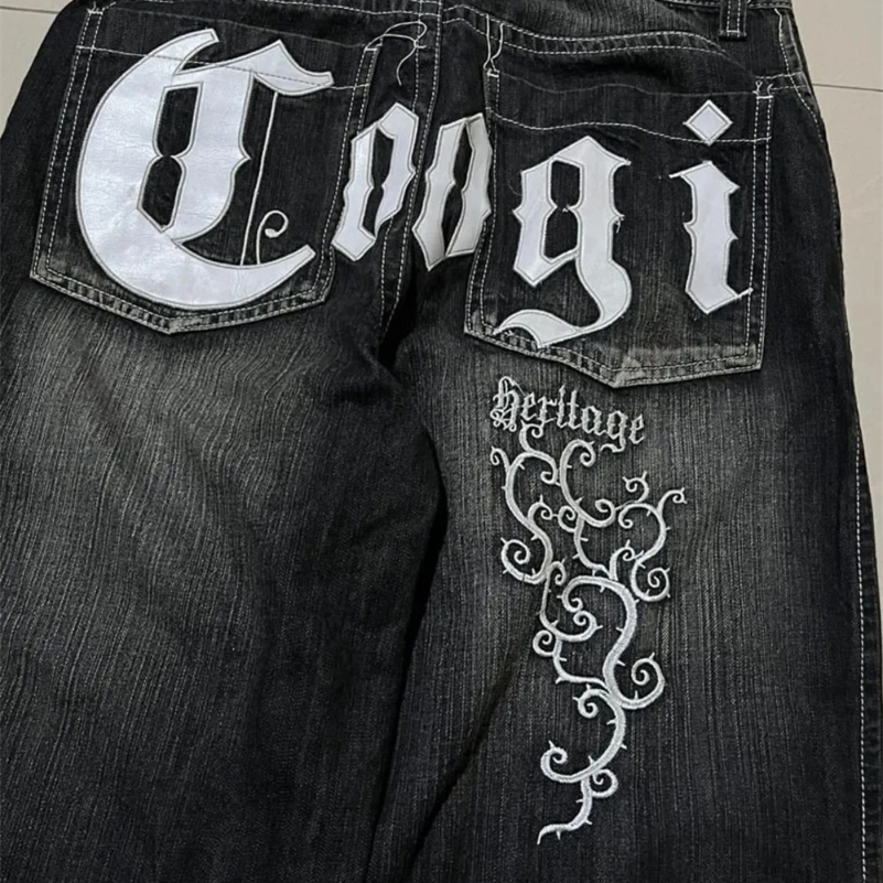 Baggy jeans hip-hop punk Y2k jeans mens pattern letter embroidery Harajuku black womens jeans wide leg straight Trouser 240829