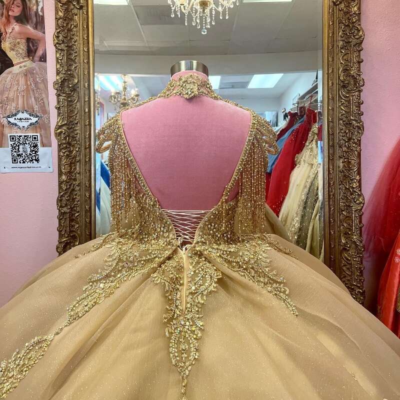 Princess Champagne High Neck Ball Gown Quinceanera Dresses Off Shoulder Beads Appliques Pearls Vestidos De Anos