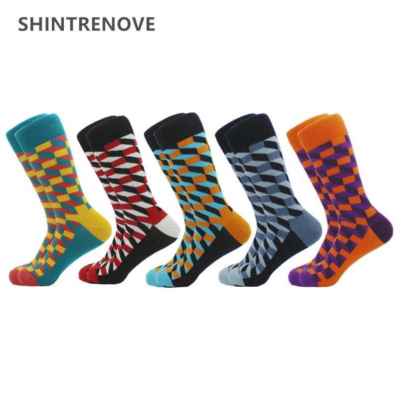 Men's Socks 5 Pairs/Lot Funny Men Combed Cotton Socks Colorful Happy Casual Party Dress Sock Classic Hip Hop Trend Compression Socks Y240830U82D