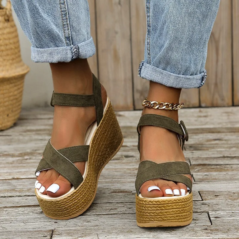 Wedge Sandals Fashion for Summer 2024 New Casual Non-slip Peep Toe Platform Shoes Rubber Sole Buckle Elegant Heels Women 9240 Platm