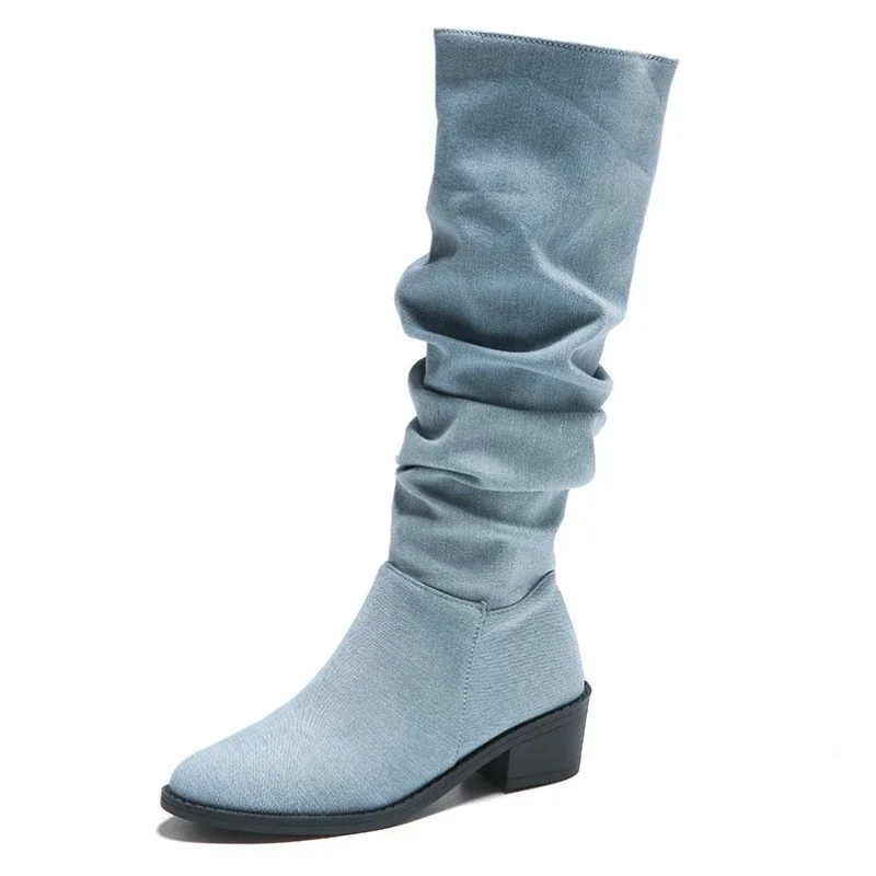 Ladies Western Boots New Platform Women's Knee High Boots Fashion Outdoor Casual Blue Cowboy Long Boots Botas De Mujer