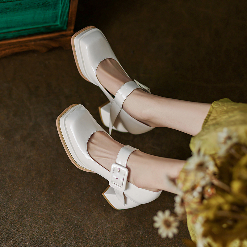 White Black Women's High Heels New Mary Janes Platform Genuine Leather Female Working Party Dance Wedding Shoes Dress Pumps ca1e