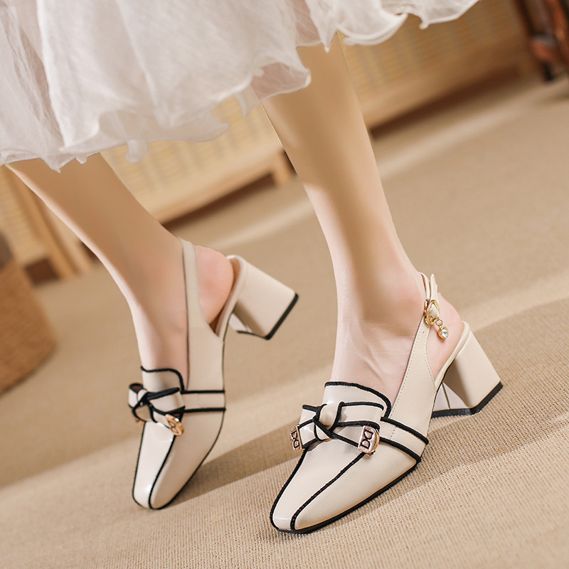 2023 New Summer French Retro High-heeled Genuine Leather Heels Lady Sandals Female Thick Heel Square Toe with Back Empty Shoes