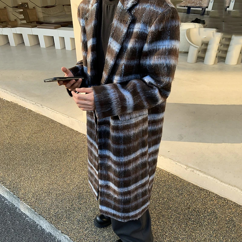 IEFB contrasting color mens coat Korean fashion lapel flat bottomed casual mens long wool coat trend winter chic 9C3923 240829
