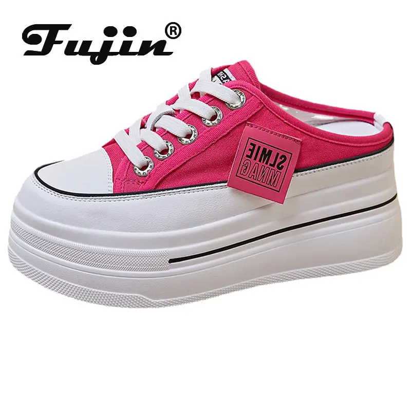 7.5cm Platform Fujin Denim Wedge Ladies Slippers Lace Up Chunky Sneaker Casual Comfy High Brand Breathable Summer Bao Toe Shoes