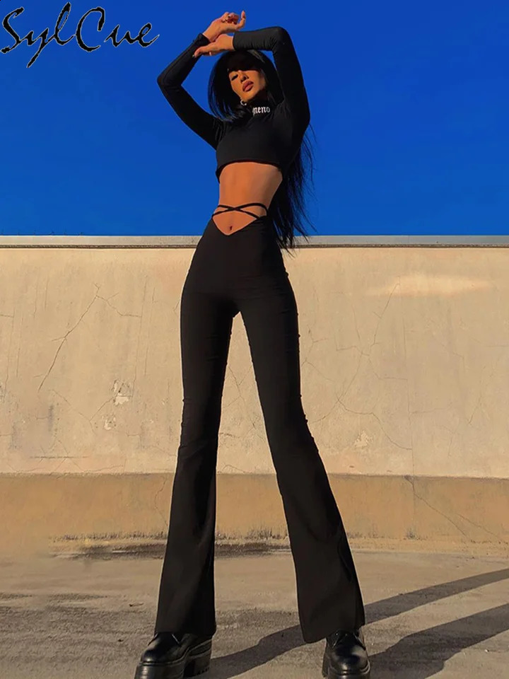 Sylcue Summer High Street Style Small High-Waisted Flared Trousers Thighs Personality Eith Hollow And Sexy Show Legs Long Pants 240829