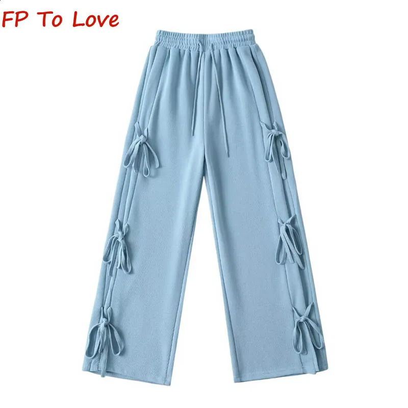 Y2K American spice side tie bow sports pants womens spring elastic waist casual 240827