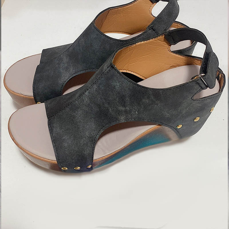 2022 Summer Fish Mouth Rivet Wedge Platform Sandals Women Plus Size Romen Sandals Vintage Wood Grain Sole Sandalias De Mujer