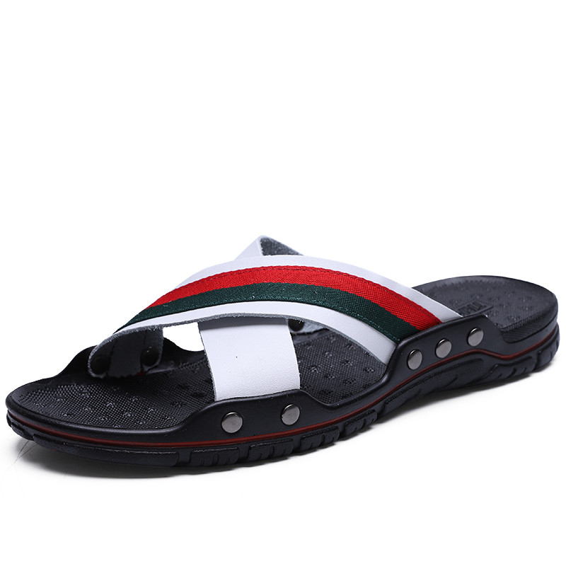 FUQIAO Men's Genuine Leather 2024 hot Summer Beach Sandals, Cross-Strap Casual Slippers, Outdoor Water Shoes, Comfortable & Breathable Footwear, 