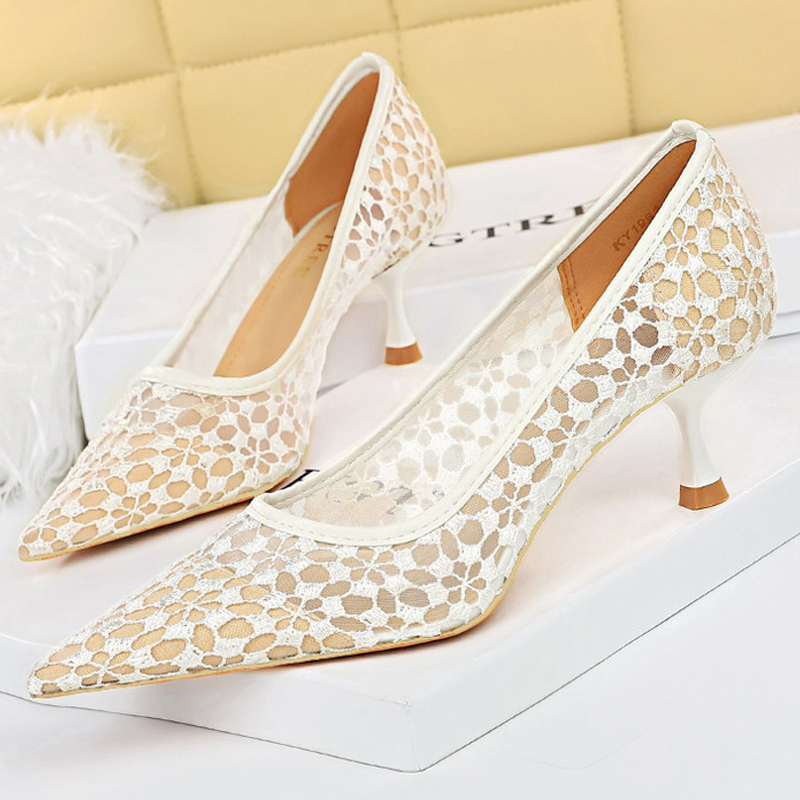 BIGTREE Mesh Cutout Lace Women Pumps Kitten Sexy Banquet Shoes Stiletto Fashion Ladies Heels Plus Size 43 Sandals