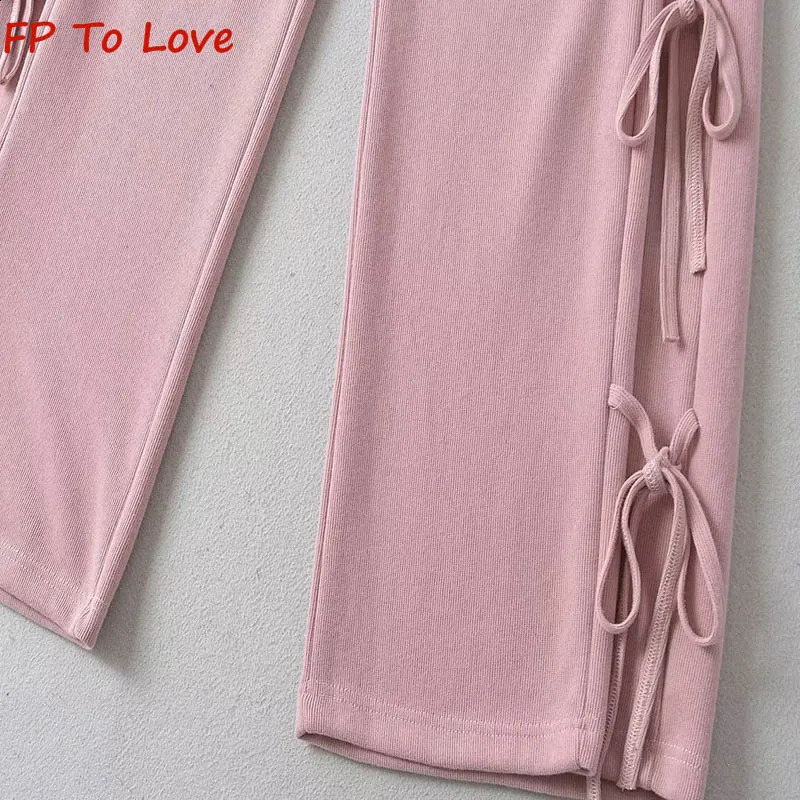 Y2K American spice side tie bow sports pants womens spring elastic waist casual 240827