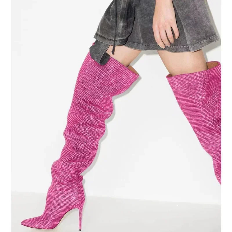 High Quality European And American Knee Length Rhie Pile For Women's Sexy Slim High Heeled Pointed Runway Boots