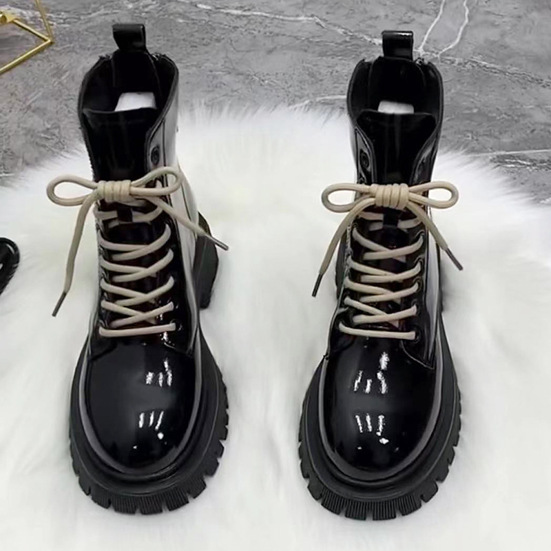Winter Chunky Women Shoes PU Leather Plush Ankle Boots Black Female Autumn Fashion Platform Booties 5228