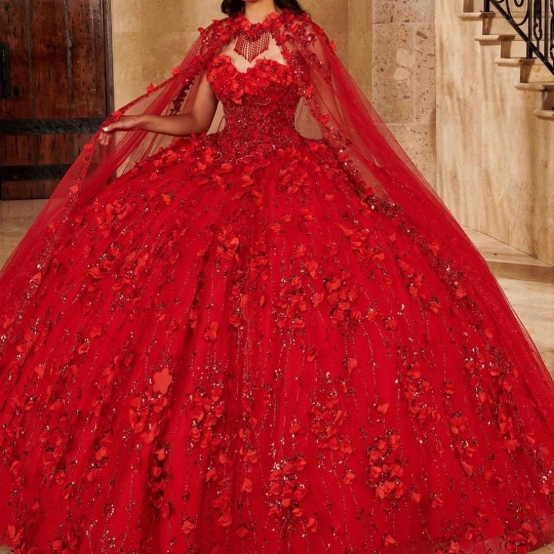 Red Quinceanera Dresses Ball Gown Off Shoulder 3D wers Applique Beaded Tull With Cape Sweet 16 Dress Vestidos De 15 Anos
