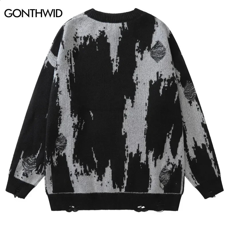 Hip Hop Ripped Sweaters Grunge Y2K Retro Knitted Punk Gothic Streetwear Jumper Mens Harajuku Fashion Pullover 240829