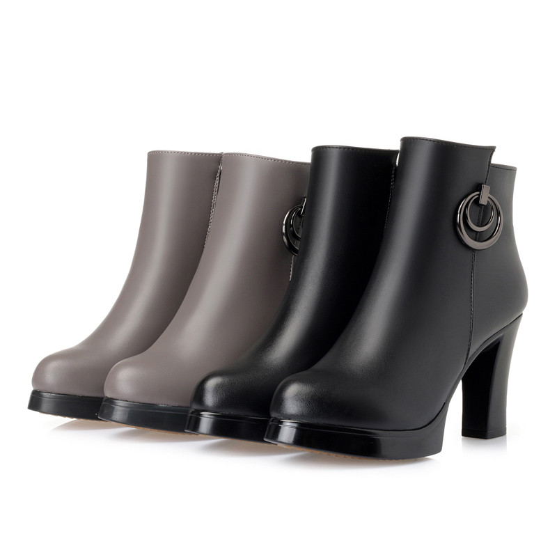 Ankle Boots Women Boots Winter Fashion Wool Female Snow Boots High Heel 2024 Genuine Leather Round Toe Black Gray High