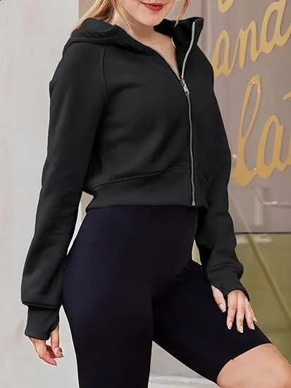Hooded zipper short casual wool long sleeved sweater hooded sweatshirt womens 240827
