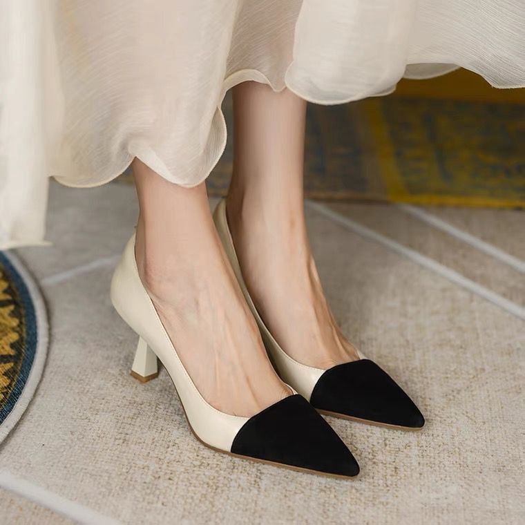 Women Pumps Pointed Toe Boat Shoes High Heels Dress Shoes Black Toe Patchwork Pump Ol Office Lady Shoes Zapatos Mujer 9449N